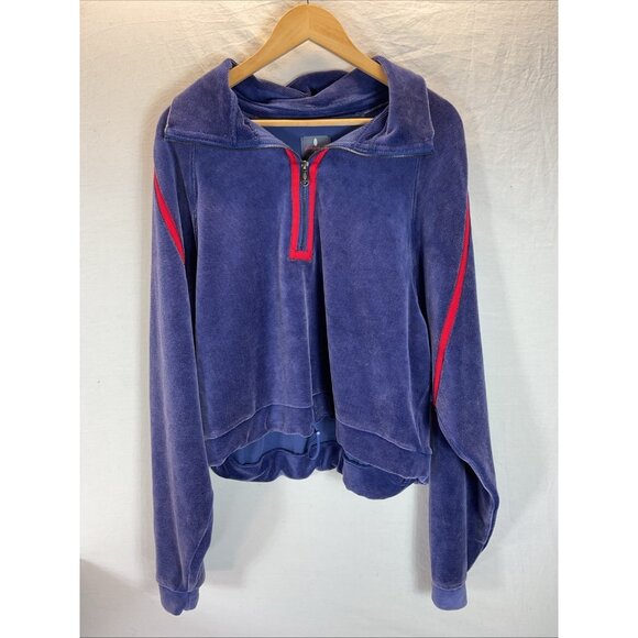 Free People Movement Sweatshirt Velour Cropped Oversized 1/2 zip boxy Blue sz LG - Picture 1 of 11